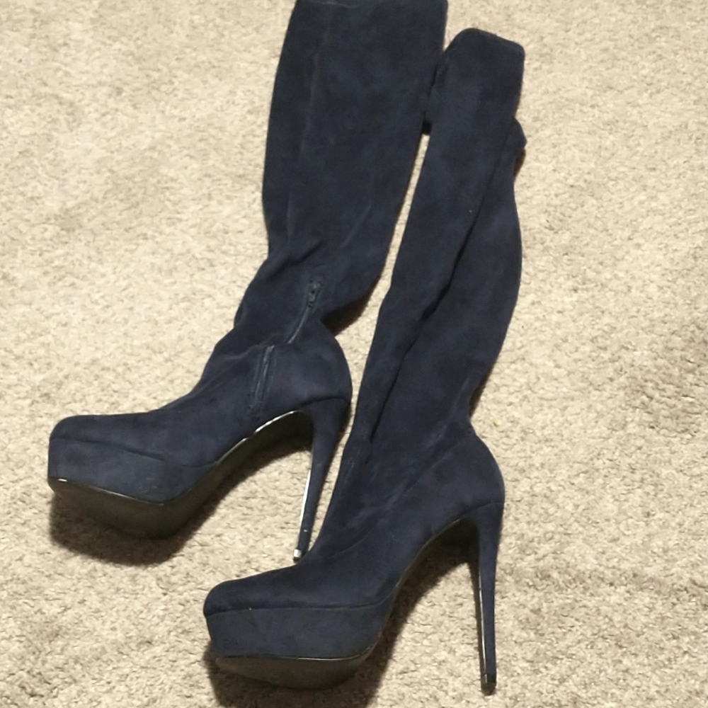 Thigh high navy stiletto boots 8.5